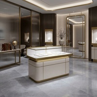 Comptoir de présentation de bijoux de luxe en acier inoxydable noir avec dessus en verre, éclairage LED, vitrine d'exposition verrouillable pour montres
