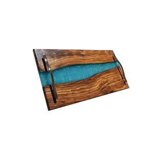 Wood & Resin Serving Tray with Metal Handles Artistic Rustic Home Decor & Functional Serveware for Dining Kitchen - Product Image 1