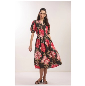 Vestido MIDI floral negro para mujer, tejido flexible de algodón transpirable suave con estampado vibrante Allover para ropa informal de verano - Product Image 1
