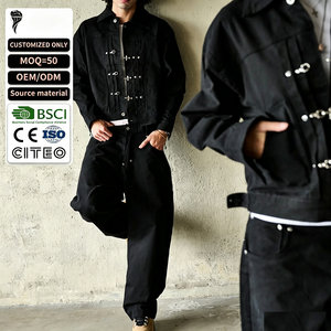 Custom Men Autumn Woven Grey Washed <b>Cropped</b> <b>Denim</b> Cargo <b>Jacket</b> Wide Leg Pants Set Vintage Loose Fit Streetwear Two-Piece Outfit - Product Image 1