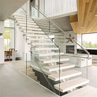 CBMMart-Escalier contemporain en bois avec design flottant, balustrade en verre sans cadre à éclairage LED caché