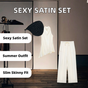 Conjunto de 2 piezas para mujer, top asimétrico sin mangas y pantalones anchos, crepé modal liso, corte holgado, estilo minimalista para todas las estaciones - Product Image 2