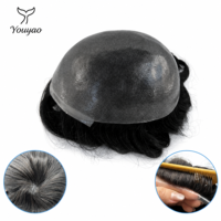 Sistem Rambut Toupee Pria 0.08mm Ultra Tipis dengan Basis Kulit, Rambut Asli India Remy untuk Pria, Pemakaian Sehari-hari, Bernapas, Tanpa Lem
