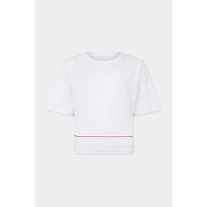 Daily Streetwear Coffee Shop Minimalist Clean Style Contrast Red Stitch Line Crew Neck Cropped Women's Short Sleeve T-Shirt - Product Image 2