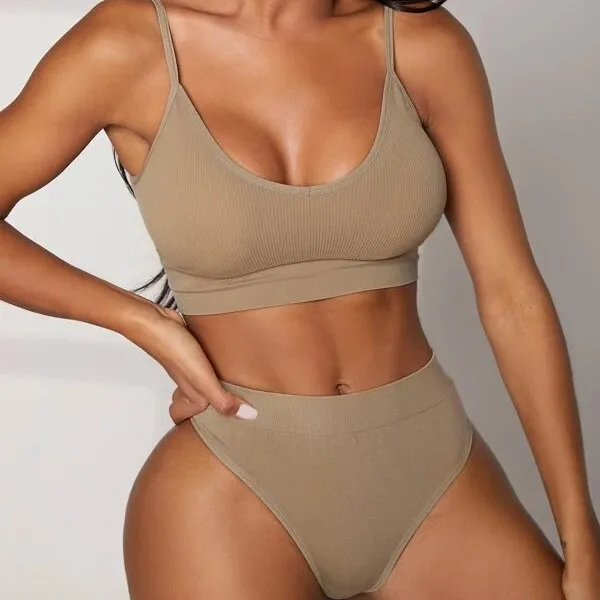 High Impact U Neck Solid One Piece Seamless Full Cup Lingerie Set Padded Bra And Pants Set