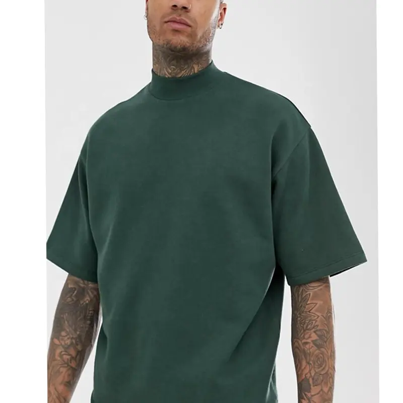 Luxury Shirt Men Oversized T-Shirt Cotton Army Green Turtle Neck Dropped Shoulder T-Shirts Vintage T Shirts