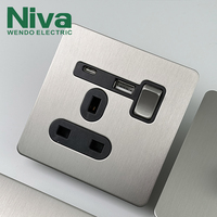 Prise murale simple à 3 broches avec interrupteur, en acier inoxydable, série Niva NV2, avec USB et Type-C, compatible avec plusieurs normes