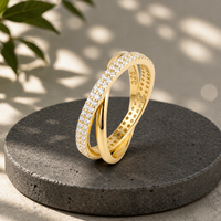 Cincin Minimalis Perak Sterling 925 Lapis Emas Desain Double-Band Hipoalergenik Bertabur CZ, Dapat Ditumpuk, untuk Wanita