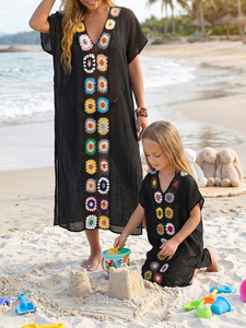Factory Wholesale Mother <strong>Daughter</strong> Matching Beach Dress Set Hand Crochet Flower Patchwork Kids Girls Summer Cover up - Product Image 2