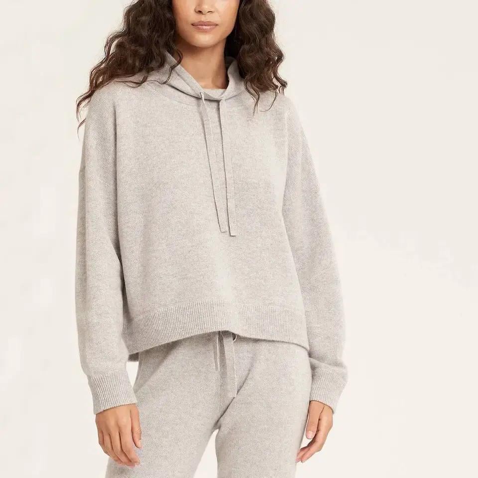 Loungewear iki parçalı Set nervürlü bayanlar kaşmir Hoodie kadınlar örme % 100% yün kaşmir kazak Jogger seti