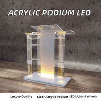 Pupitre de sol moderne en acrylique transparent avec roulettes et support lumineux LED pour salle de réunion, église, scène