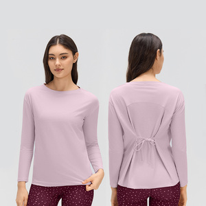 Camiseta Roregal de Manga Larga con Espalda Cruzada, Color Sólido, Corte Holgado, Informal, para Yoga, Gimnasio, Ejercicio, Ropa Deportiva para Mujer - Product Image 1