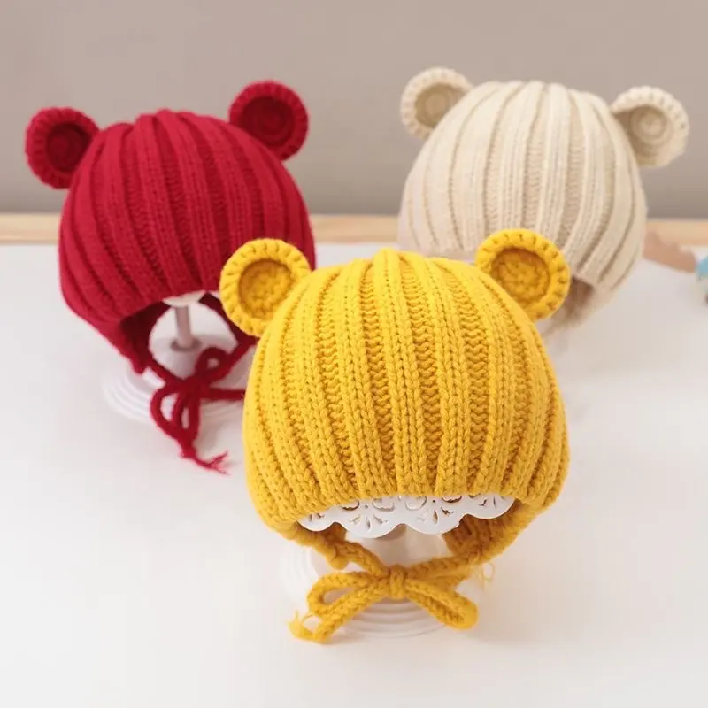 Gorro de invierno con orejas de oso para bebé, gorros de Navidad con orejera, gorro de Navidad para bebé, cuerda en blanco