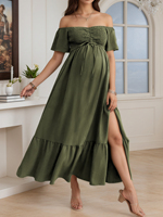 Robe de maternité Ouheng à volants, manches courtes, taille smockée avec cordon de serrage, ourlet fendu, longue, respirante, coupe ample
