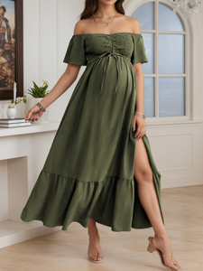 Disponibile Abito Lungo Premaman Estivo con Spalle Scoperte, Maniche Corte con Volant, Vita Arricciata con Coulisse, Orlo a Balze e Taglio a Trapezio - Product Image 2