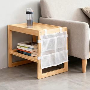 Bedside <b>Table</b> With Storage Shelf <b>Bamboo</b> Minimalist Design For Bedroom Nightstand With Mesh Pocket And Two Tiers - Product Image 2