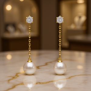 Orecchini pendenti in oro bianco E3840 con diamante rotondo taglio brillante e perla imitazione, gioielli classici da sposa da donna - Product Image 2