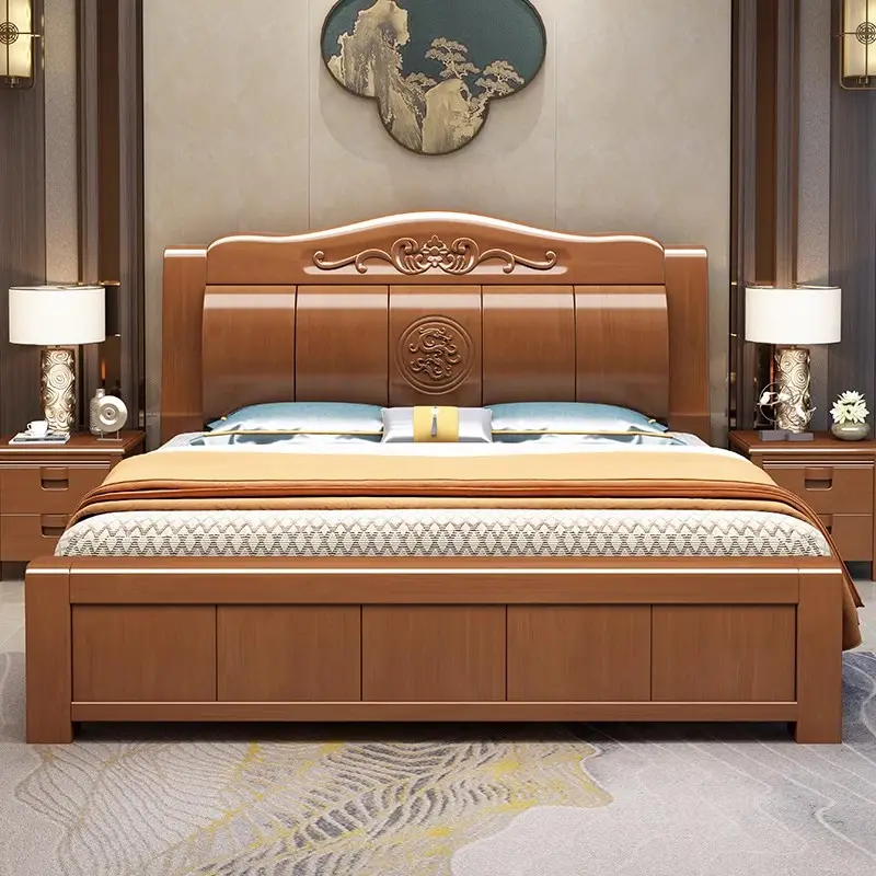 Cama moderna Camas de madera chinas dobles Muebles de dormitorio Almacenamiento de lujo Cama de madera maciza