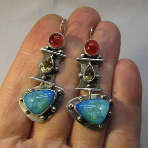 Orecchini Pendenti Etnici da Donna con Nappa Stile Indiano Boho Western Vintage, Zaffiro Blu, Turchese e Dettagli Bohemian - Product Image 2