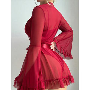 Rode Bloem Borduurwerk Dames Sexy Erotische Pyjama Nachtjapon Doorzichtige Kanten Bodysuit Sjaal Geweven Jersey Tweedelige Set - Product Image 4