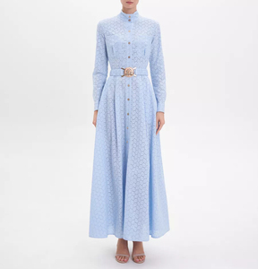 Vestido largo liso azul claro para mujer, solapa, cinturón con hebilla dorada de un solo pecho, 100% de algodón, elegante, Vintage, informal - Product Image 3