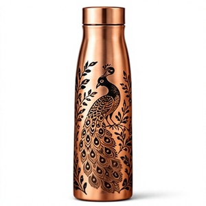 Vintage Copper <b>Water</b> <b>Bottle</b> with Peacock Design Portable <b>Metal</b> Flask - Product Image 1