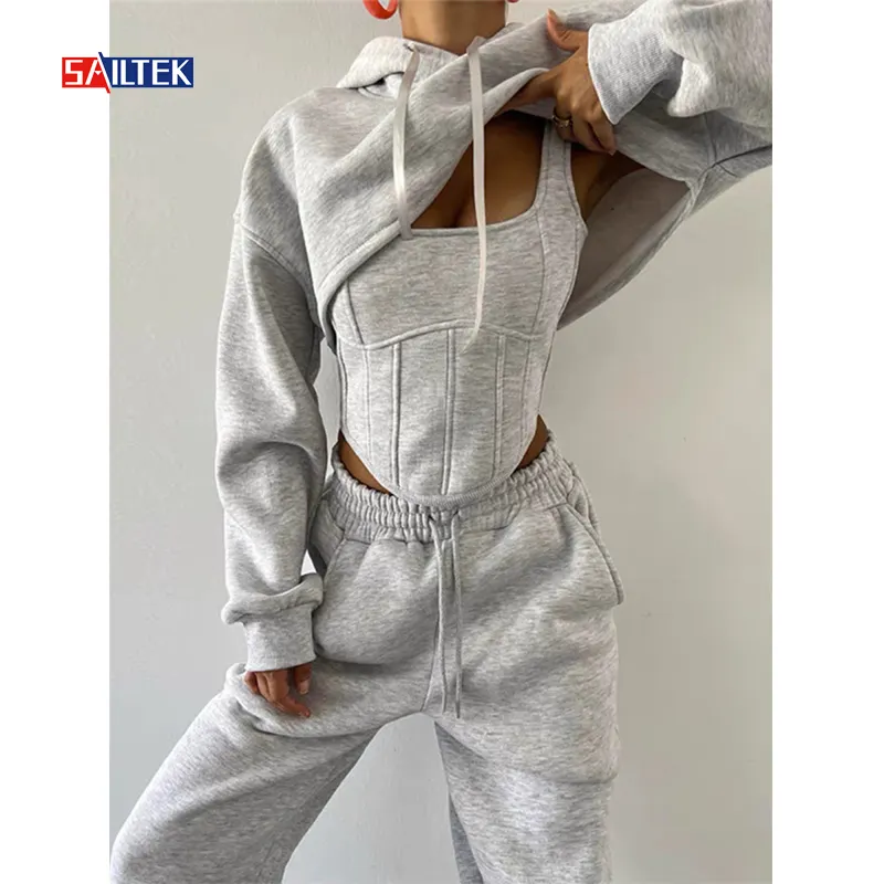 2024 New arrival high quality women's tracksuit sets custom logo casual 3 piece hoodie and jogger pants set women