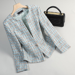 Women's Tweed Blazer Blue Gray Stripes Checks Anti-Wrinkle Spring Autumn 2025 European Style Coat - Product Image 1