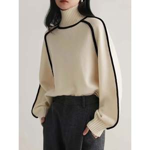 Pull à col roulé avec bordure contrastée, couleur olive brun, taille S, pulls pour femmes - Product Image 5
