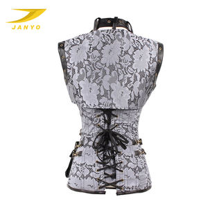 Retro Women <strong>Clothing</strong> Brown <strong>Steam</strong> <strong>Punk</strong> Brocade Bustier Corset With Jacket and Detachable Pocket - Product Image 4