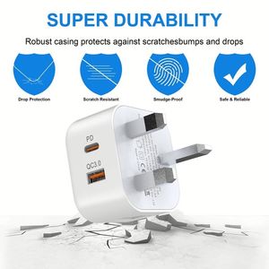 20W A+<b>C</b> Dual Usd Power Adapter UK <b>Plug</b> Fast Charging Cell Phone Charger - Product Image 6