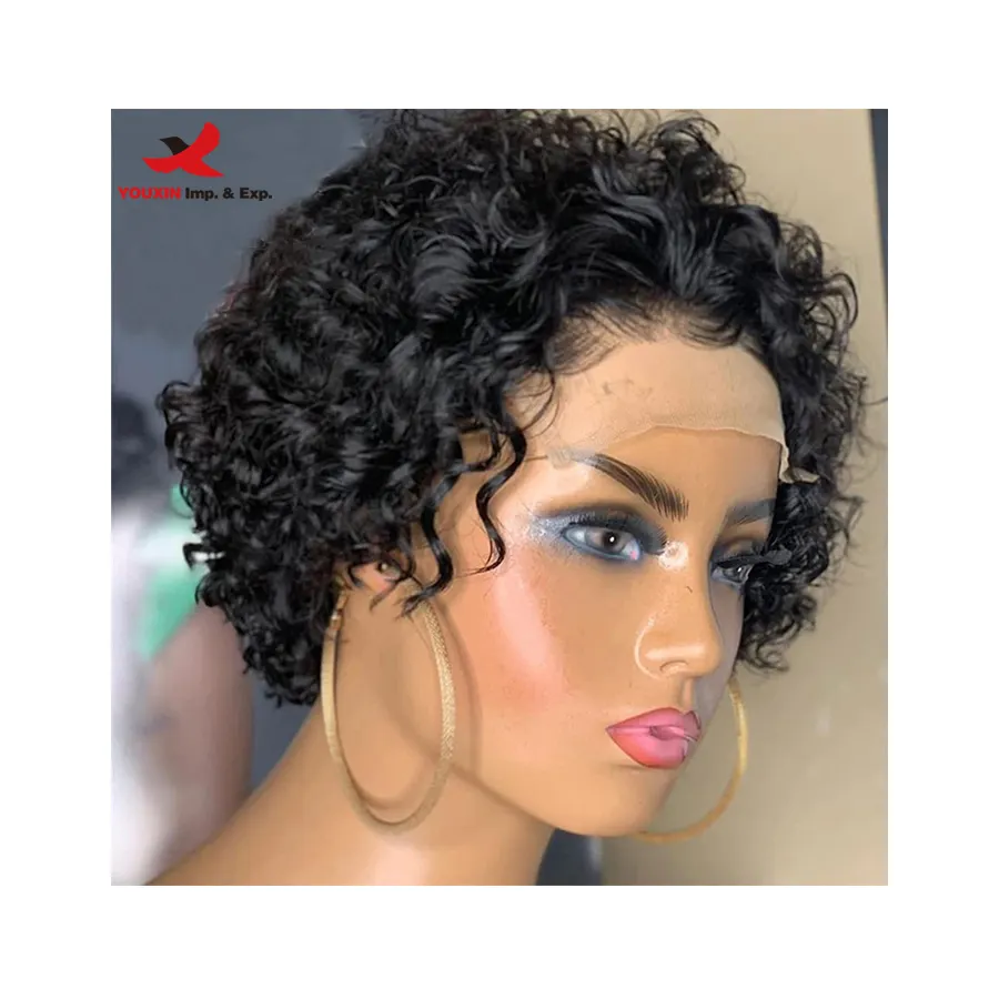 FENGFLY natural black 13x6 T part lace frontal short human hair curly bob lace front wig