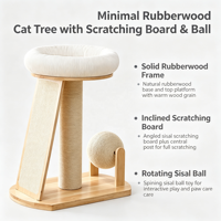Arbre à chat ScratchSphere 72 cm en bois de caoutchouc avec plateau à gratter incliné en sisal, jouet à bille rotatif, poteau à gratter central