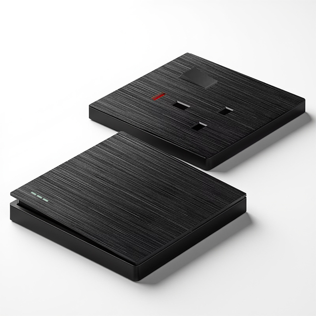 2025 Custom Black Switches and Sockets Metal PC Solid Wood Panel Switch Middle Cross Switch Decoration Wholesale PC