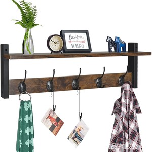 <b>Wall</b> <b>Mounted</b> Ironwood <b>Shelf</b> With Hooks Burnt Color Rectangle Multipurpose Durable Storage Rack For Bathroom Entryway - Product Image 4