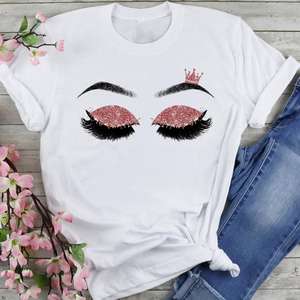 Venta al por mayor de ropa de mujer impresa divertida camiseta de dibujos animados de pestañas señora de manga corta gráfico barato de talla grande impreso <span class=keywords><strong>camisetas</strong></span> Tops - Product Image 3