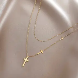 Collar con colgante de doble cruz de acero inoxidable chapado en oro de 18k para mujer, cadena de clavícula, joyería de moda para mujer