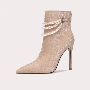 Scarpe da donna con tacco sottile a spillo scarpe di lusso su misura con tacco alto in raso increspato <span class=keywords><strong>stivali</strong></span> corti alla caviglia con spago di perle - Product Image 1
