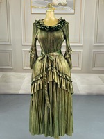 Modeste couleur unie col rond manches à volants dame élégante robe plissée bord à volants grande taille or-estampage Miyaki robe pour femmes