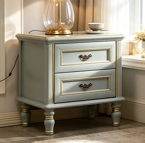 Chic Gold Line Solid Wood Nightstand 2-<b>Drawer</b> Turned Leg Bedside Cabinet Durable Multi-Purpose Traditional Bedroom Furniture - Product Image 1