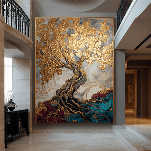 <span class=keywords><strong>Dipinto</strong></span> a Olio Astratto <span class=keywords><strong>Blu</strong></span> e Oro di Lusso, Grande Quadro Verticale su Tela con Effetto Fluido - Product Image 4