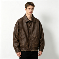 Jaket Kulit Trucker Vintage Distressed Pria Kerah Lapel Kancing Depan Retro Kasual Street Outerwear