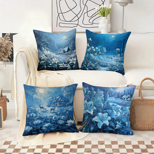 Bantal hias tema musim dingin berwarna biru dengan pemandangan bersalju dan rusa di bawah cahaya bulan menghiasi sofa ruang tamu yang nyaman. - Product Image 2