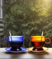 Set Cangkir Kopi dan Piring Kaca Borosilikat Vintage Kreatif Berwarna-warni, Dapat Disterilkan dengan Microwave atau Api Terbuka