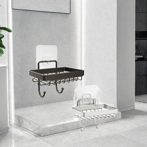 Étagère de salle de bain moderne en acier inoxydable, support mural auto-adhésif d'angle avec crochets - Product Image 3
