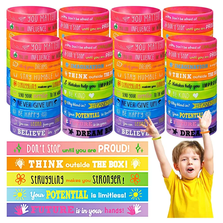 hersteller großhandel individueller druck positive worte inspirierende sport gummi breites armband armbänder für kinder