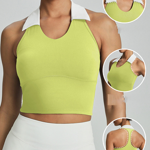Top deportivo para mujer con cuello polo, estilo halter, bloques de color, a prueba de golpes, con efecto push-up, sin espalda, para yoga, fitness, running, tenis, ajuste ceñido - Product Image 6