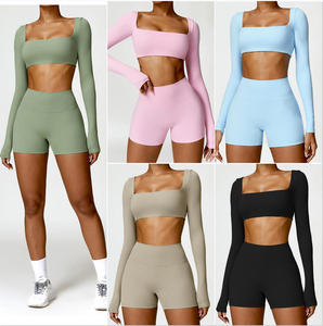 Set Yoga Personalizzato Completo Sportivo <span class=keywords><strong>Leggings</strong></span> Arricciati e Reggiseno Abbigliamento Attivo per Yoga Allenamento Sportivo Set Fitness da Palestra per Donne SQ8518 - Product Image 5