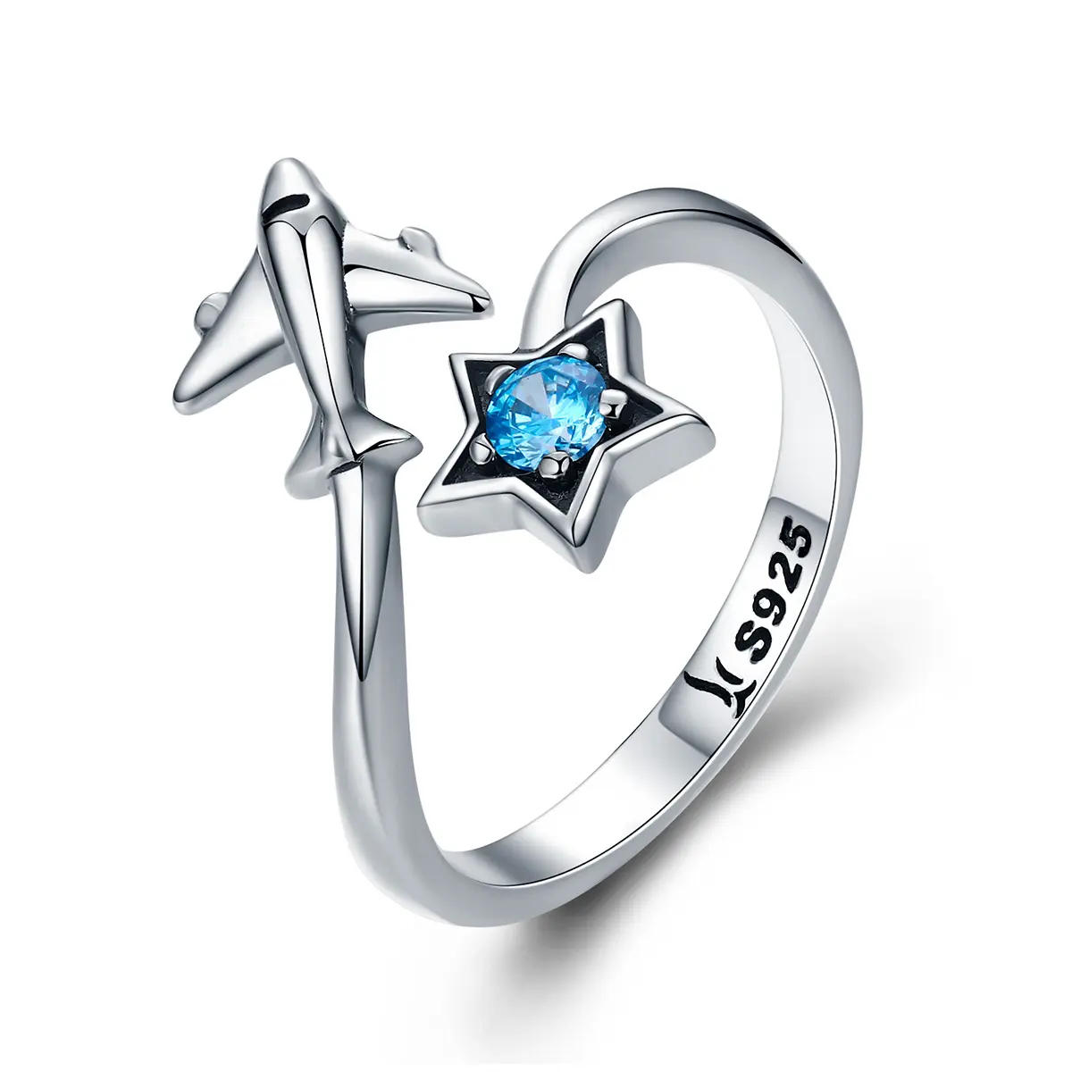 Anel feminino, anel de moda, joias, avião, prata ajustável, azul, pentagrapante, anel de pedra cz