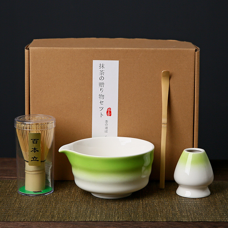 Bol à matcha vert et blanc set 4 pièces (exian) + boîte